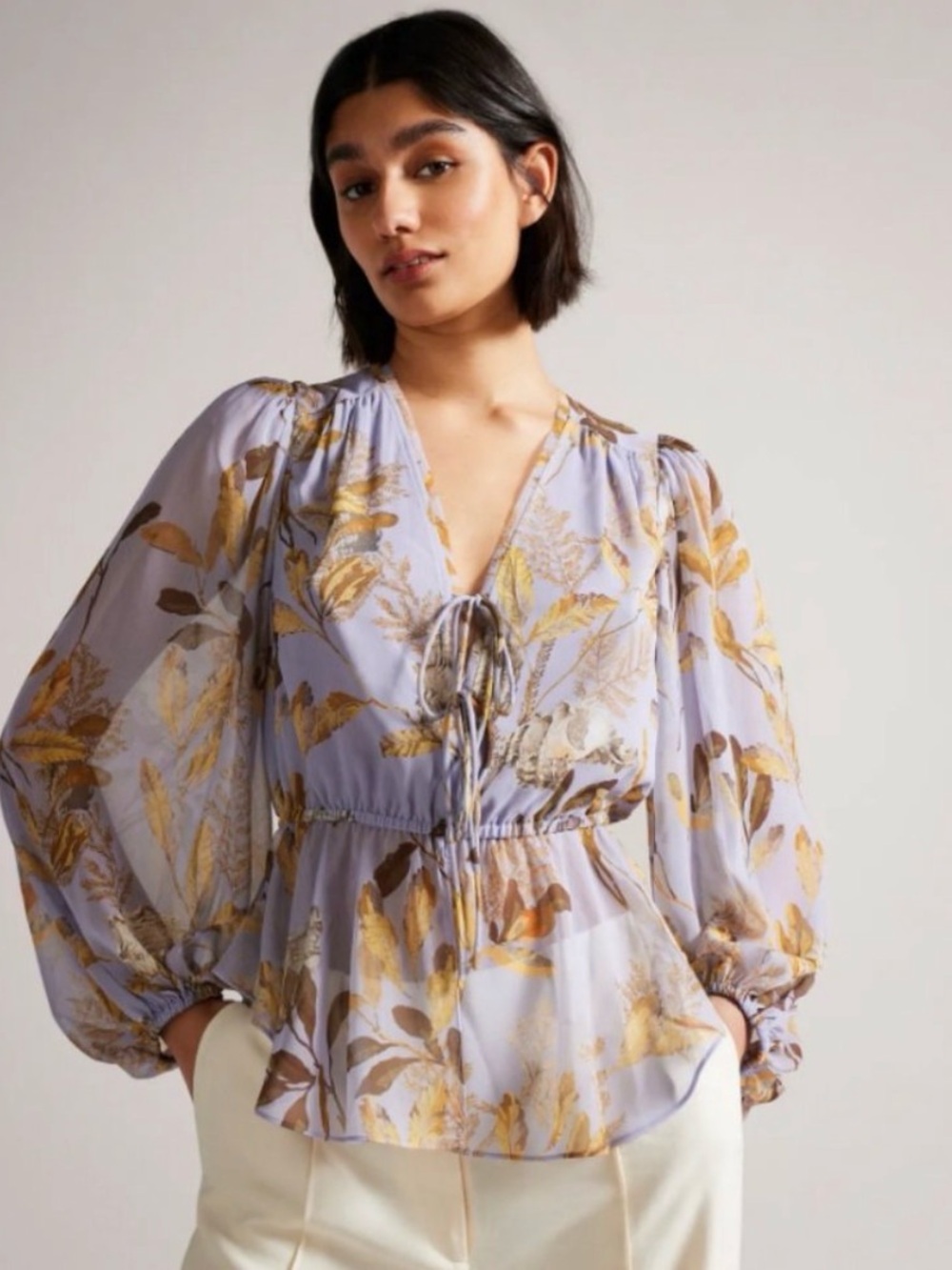Ted Baker NWT Lilac Sheer Blouse with Metallic Gold Botanical Print